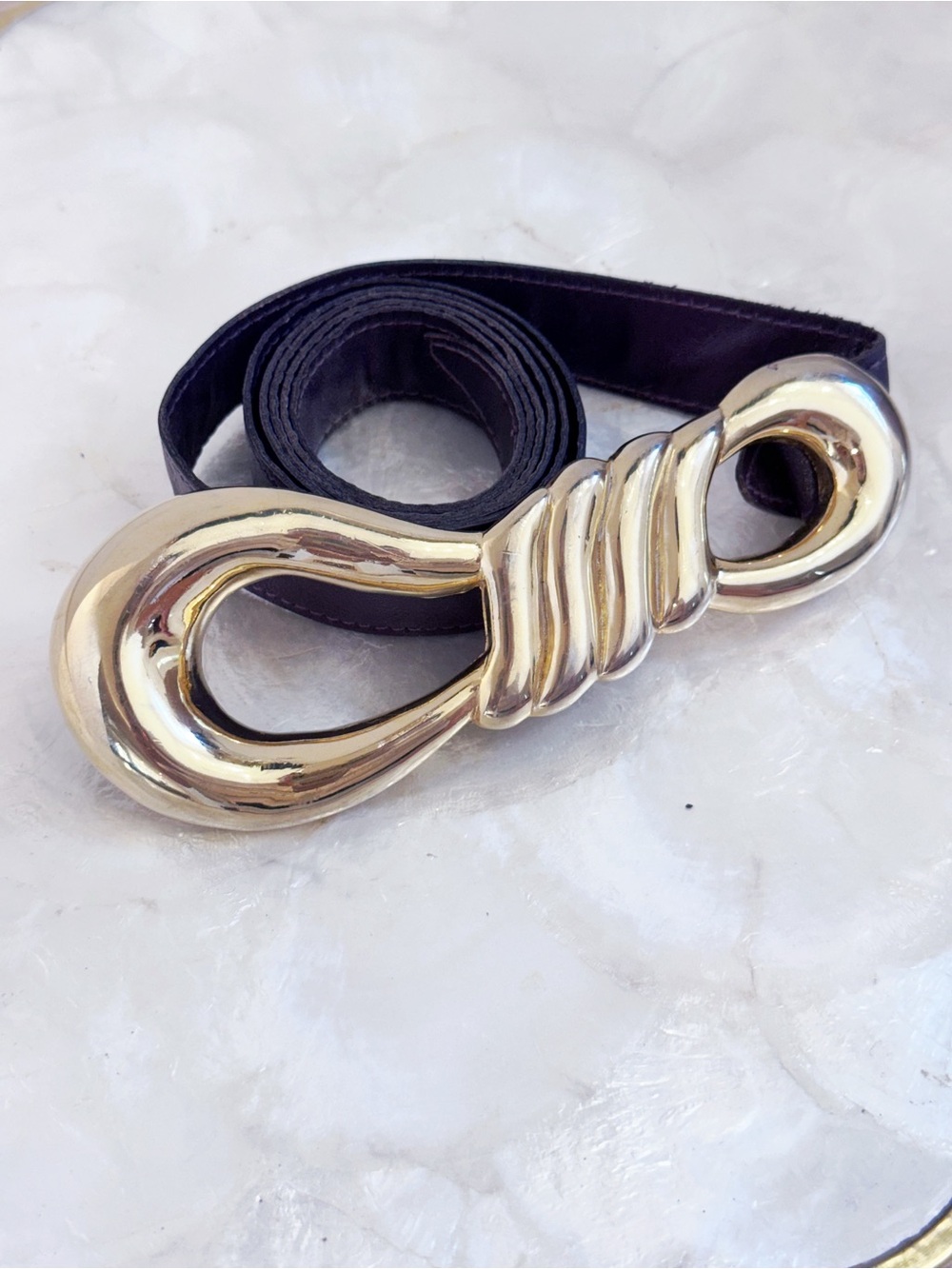 Vtg Hattie Carnegie Brown Leather Skinny belt sculptural M/L